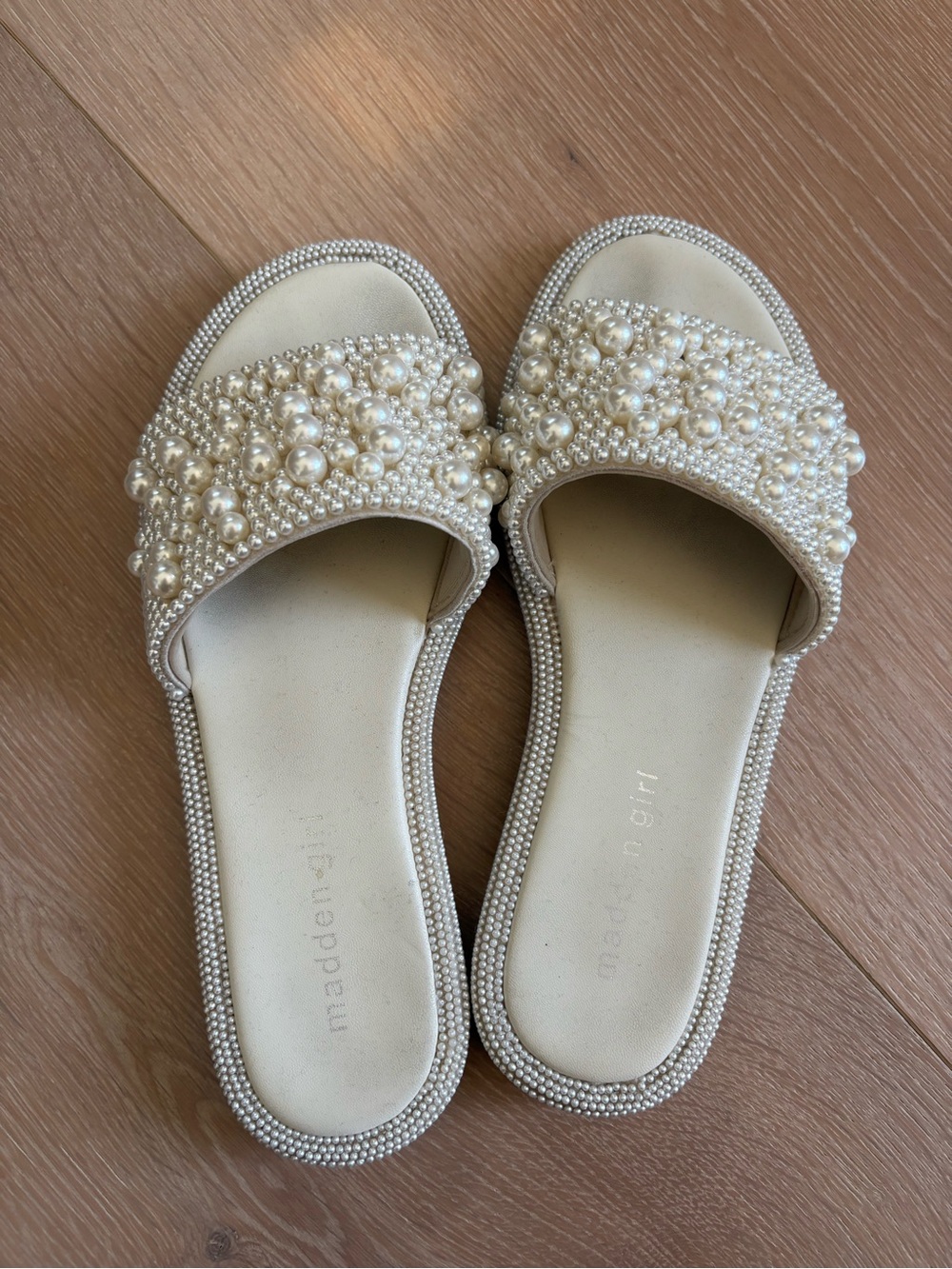 Madden Girl Pearl-Embellished Slide Sandals - Cream